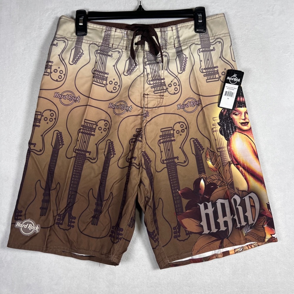 NWTs Hard Rock Cafe Mens Vtg Surf Pinup Board Shorts Brown Guitar Print Size 30